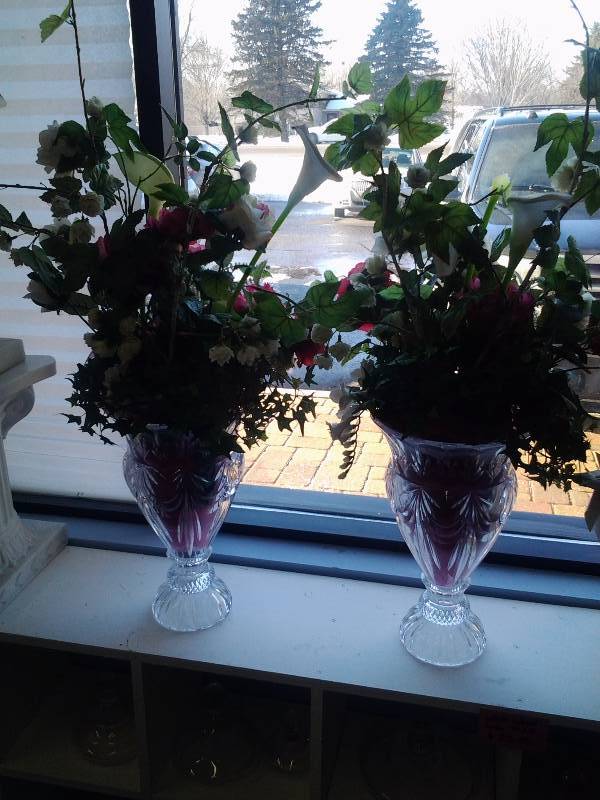 Pair Lead Glass Vase & Floral 16 Inches Tall