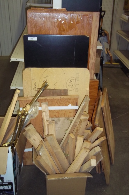 lot 20 image: 3 Cabinet shelves, oak boards, assorted 34 plywood, miscellaneous craft pieces