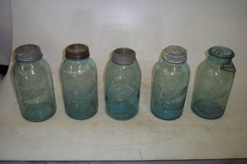 lot 9 image: Antique blue glass canning jars half gallon lot of 4