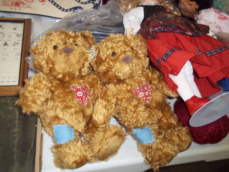 lot 101 image: Very large lot of dolls, doll stands, stuffed animal, vintage picture, laughing bears, vintage dolls