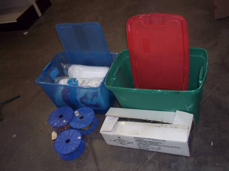 lot 161 image: 2 Totes, 3 coils of lamp chain, 3ft light wrapped Christmas tree, white stuffing