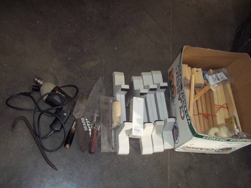 lot 162 image: Drill, wood pieces, trowels