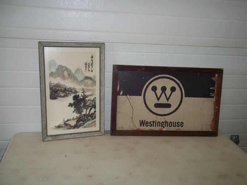 lot 14 image: Pair of paintings, Japanese silk painting 13 x 20, Vintage Westinghouse advertisement sign 16 x 24