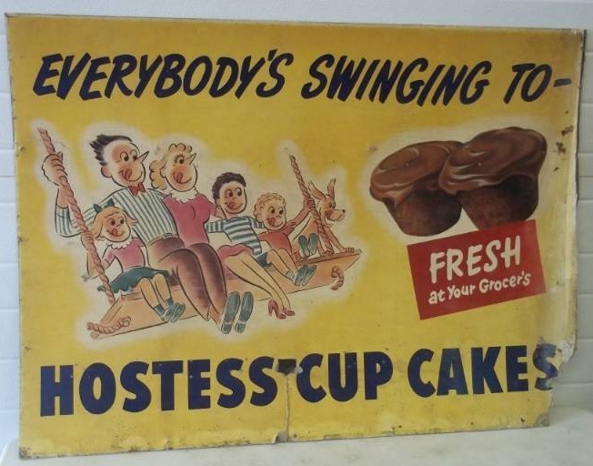 lot 31 image: Large 1950s Hostess cupcakes grocery store display sign 43 wide x 32 high