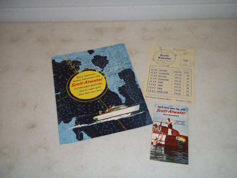 lot 75 image: 1956 Scott Atwater outboard motor sales brochure perfect condition with price list