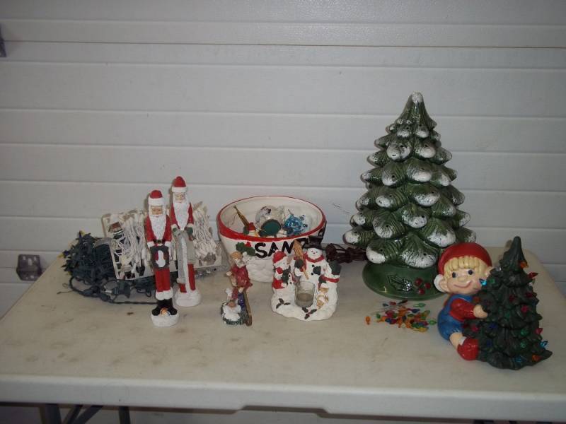 lot 106 image: Vintage lighted Christmas tree, working, sell on e-bay for 60 dollars, various Christmas figurines, Santas snack bowl, miscellanious ornaments