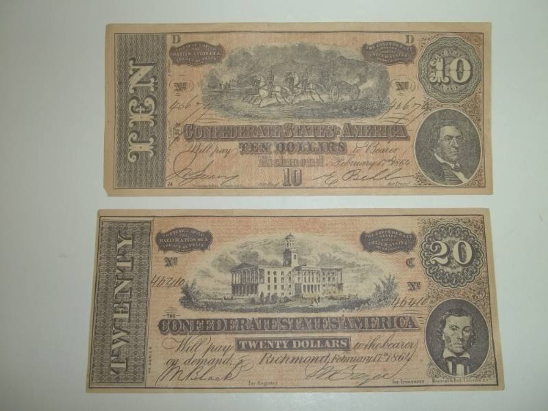 lot 4 image: 2 United States Confederate bills, $20 and $10 both dated 1886