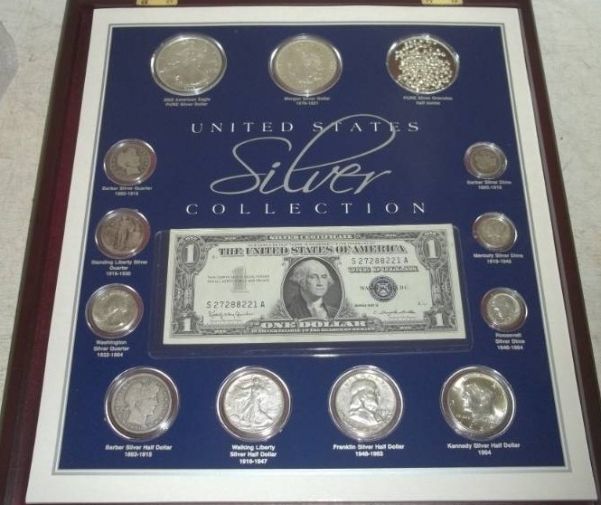 lot 21 image: Silver Dollar collection with silver certificate, %90 Silver coins with case