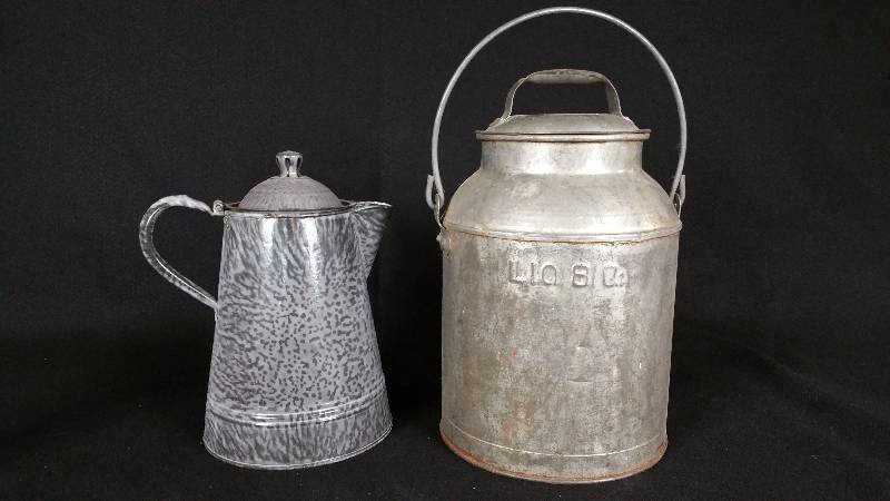 lot 24 image: Antique 8 Quart Milk Can & Enameled Coffee Pot