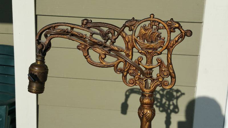 lot 12 image: Antique Bridge Arm Floor Lamp w Ship Motif