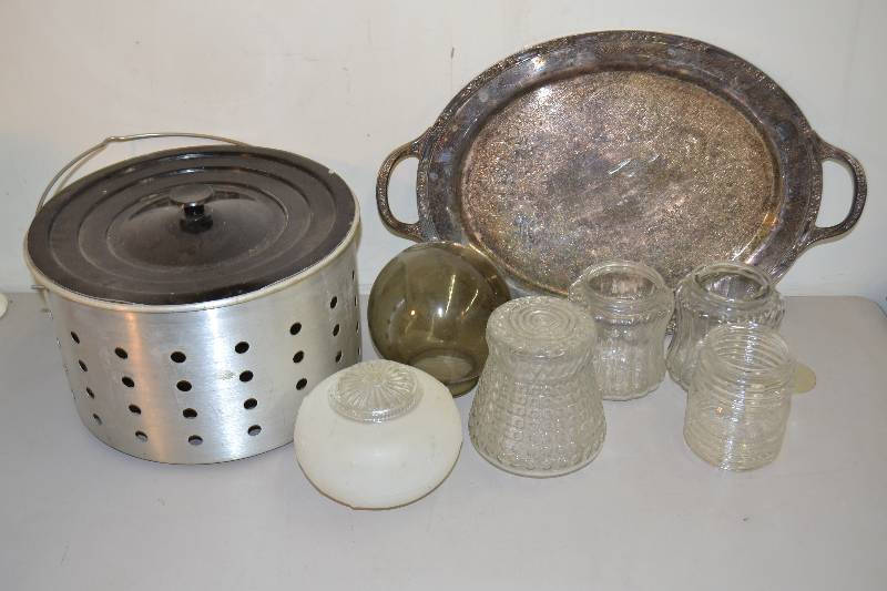 lot 69 image: Platter, Glass globes, Strainer