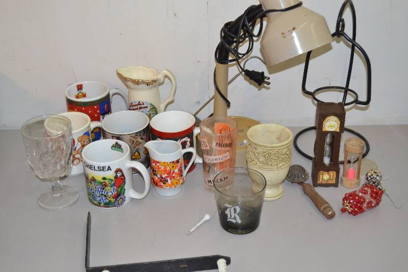 lot 80 image: Coffee Mugs, Lamp, Hour Glasses