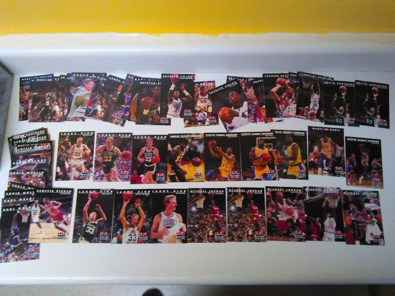 lot 578 image: Skybox, 1992, NBA USA Basketball Team (Barclay, Bird, Ewing, Magic, Jordan, Malone, Pippen, Robinson, Stockton) Doubles, Olympics