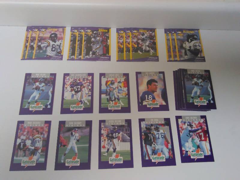 lot 606 image: 1991 Minnesota Vikings Gatorade Cards (2 partial sets 2 -9), NFL Football AND E.F. Johnson Cards (12)