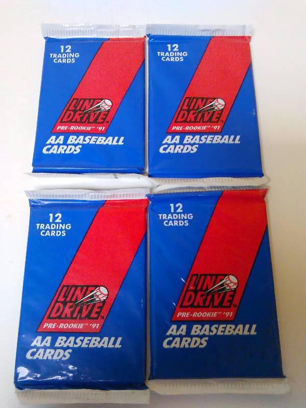 lot 674 image: 4 Baseball Card Packs, 1991 Line Drive, Pre-Rookie Cards, AA Baseball 12 cards per pack