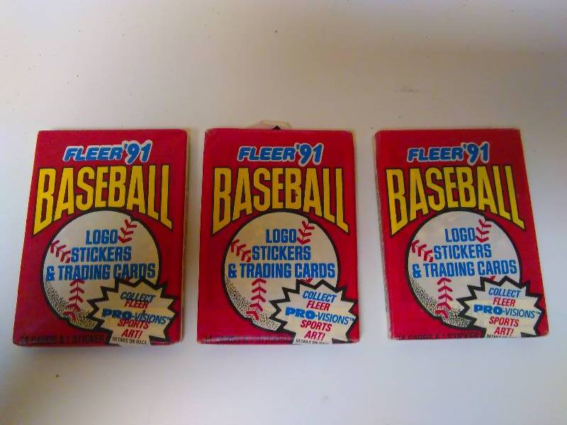 lot 681 image: 3 Baseball Wax Packs,1991 Fleer 14 cards per pack