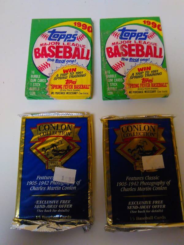 lot 683 image: 4 Packs Baseball Collection, 1993, Conlon Collection (2) 15 cards per pack 1990 Topps (2) 16 card per pack