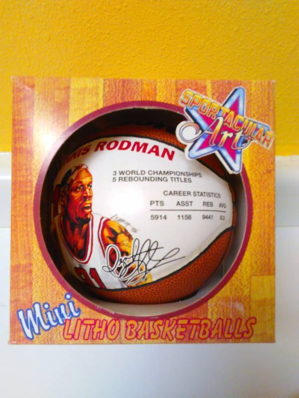 lot 696 image: Mini Litho Basketball, stamped autograph Sportacular, Dennis Rodman Ball, New in box with COAMini Litho Basketball, Sportacular, Dennis Rodman Ball, New in box with COA