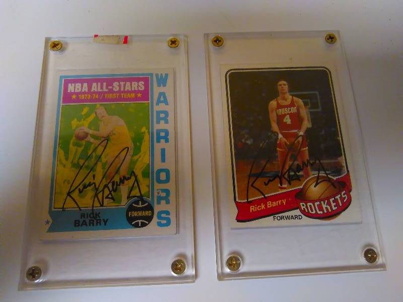 lot 698 image: 2 Autographed Basketball Trading Cards, Rick Barry Sealed, Autographed Warriors and Rockets