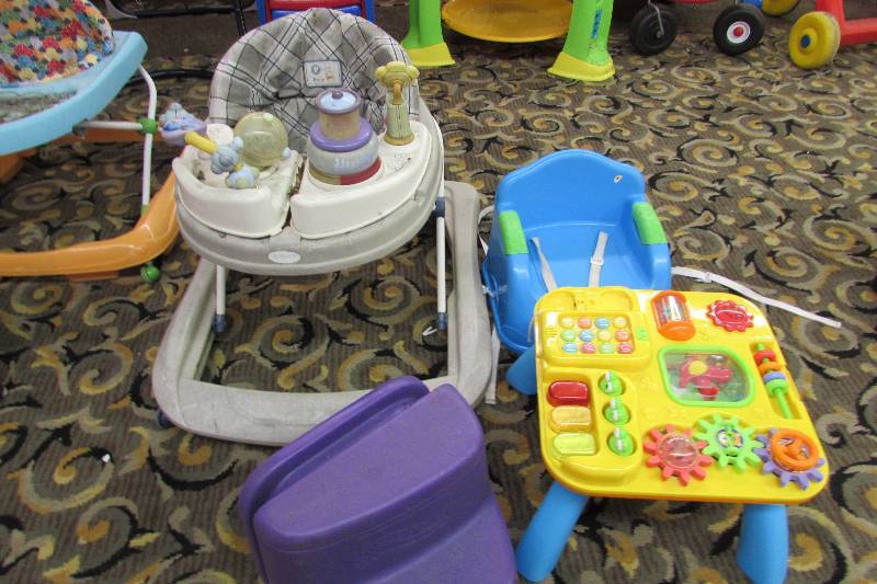 lot 37 image: Walker, step stool, booster seat and learning table