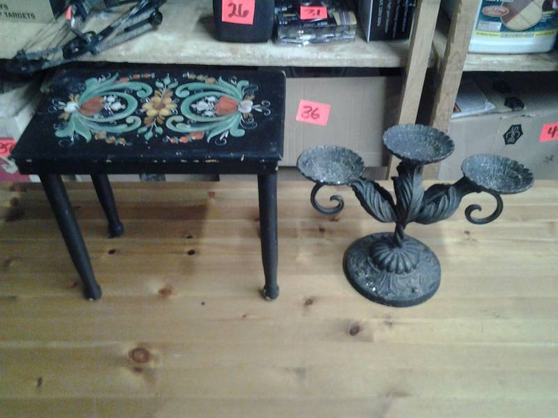 Cast Iron Candle Holder, Painter Wood Stool