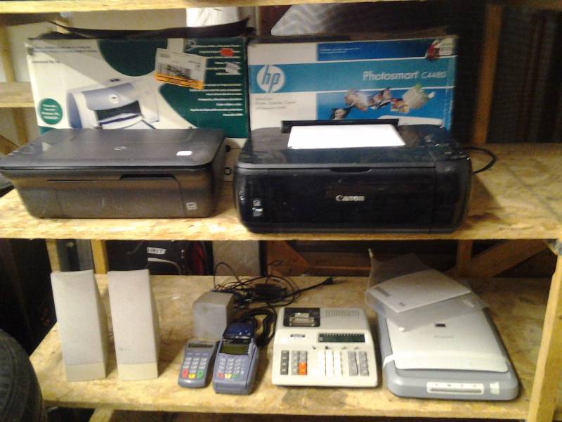 Assorted Electronics, Infinity Computer Speakers, Canon, 2-HP Printers, Apollo Printers, Credit Card Processing Machine, Adding Machine, Misc Speakerschine, Misc