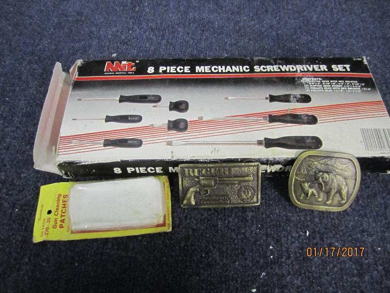 lot 122 image: 2 Metal Belt Buckles, 8 pc Screwdri...