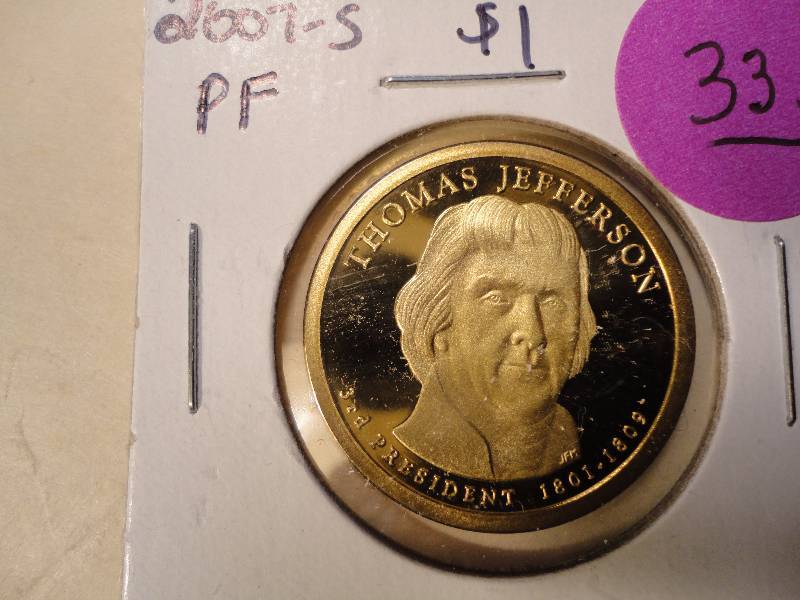 2007 S Proof Thomas Jefferson dollar, 1964 D Silver Washington Quarter, 1964 D Silver roosevelt Dime