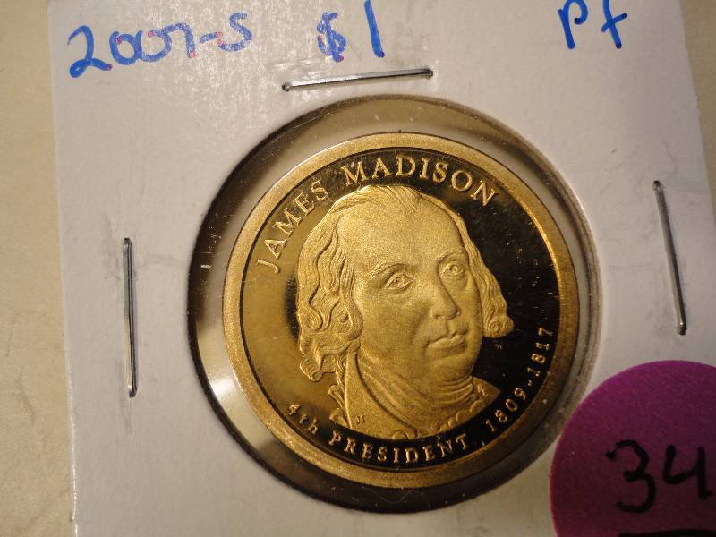 2007 S Proof James Madison Dollar, 1964 D Silver Washington Quarter, 1964 D Silver Roosevelt Dime