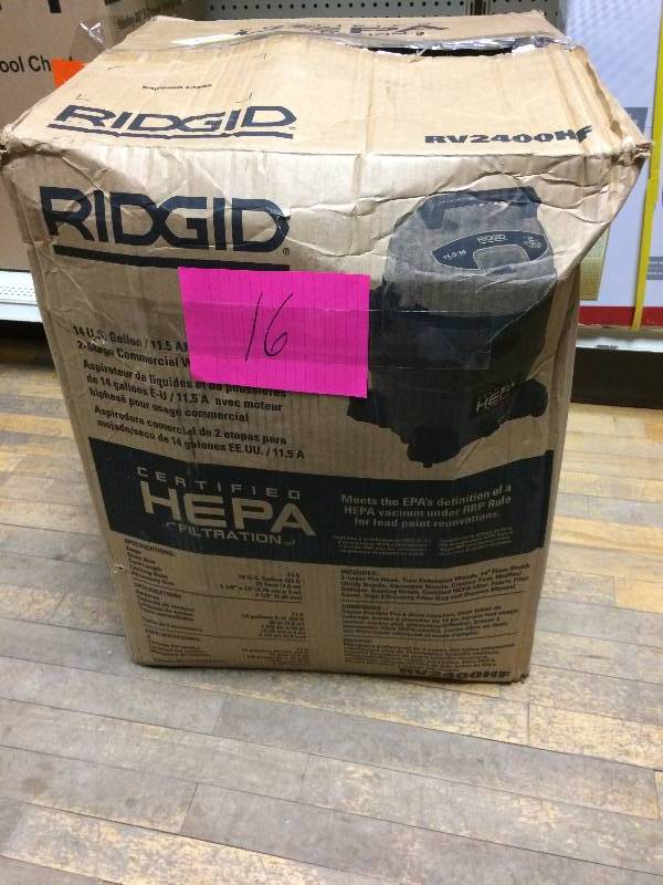 lot 16 image: Ridgid 50368 WetDry Vacuum, 14 Gallon, Red, HEPA RV2400HF never used