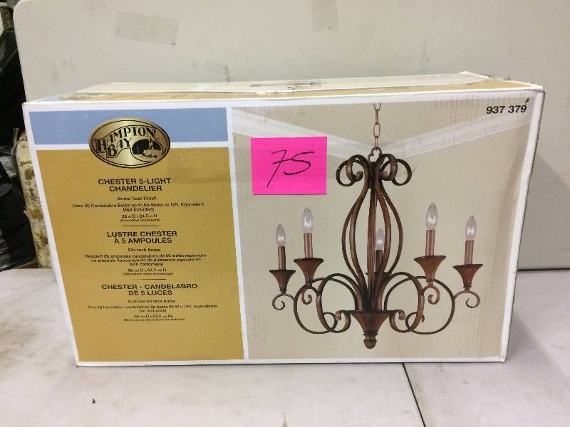 lot 75 image: Hampton Bay Chester 5 Light Chandelier Never used