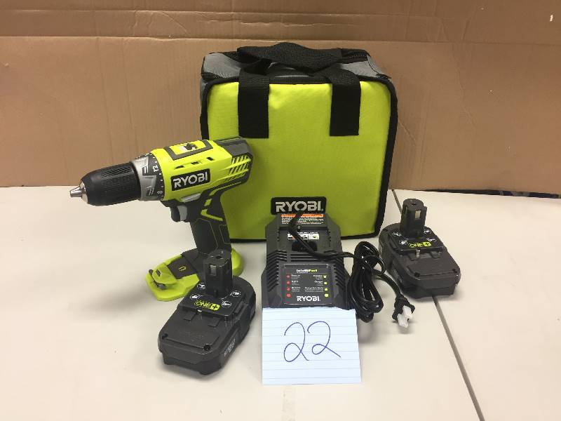 lot 22 image: Ryobi ONE 18-Volt Lithium-Ion Compact DrillDriver Kit never used