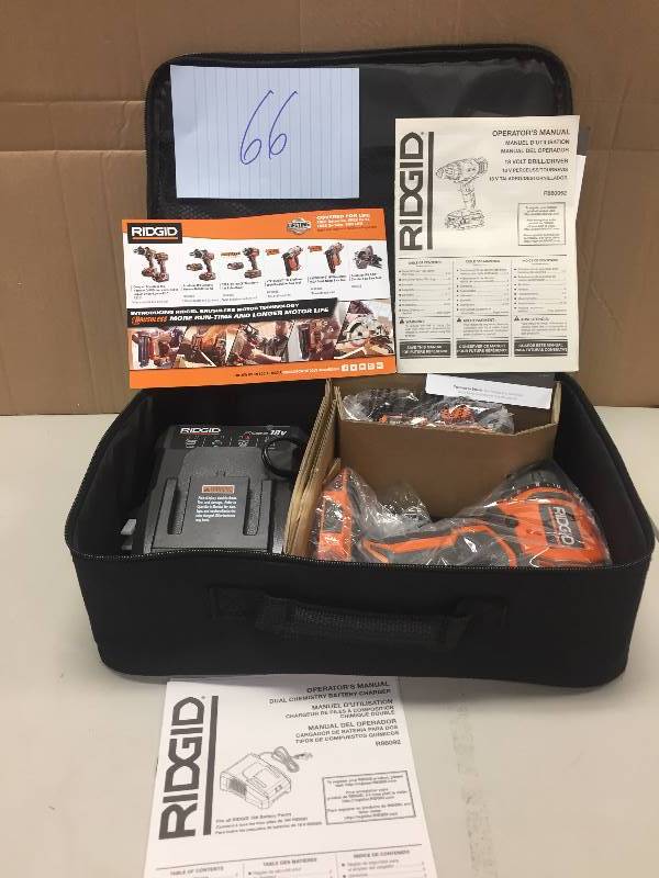 lot 66 image: Ridgid Cordless 18v Lithium-Ion 12 In Cordless Compact Drill Driver Kit Ridgid  Never used