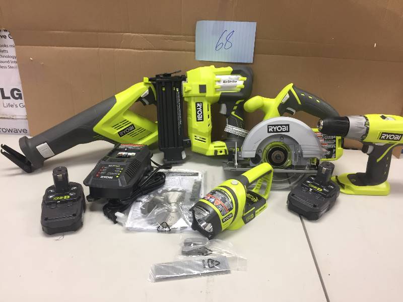 lot 68 image: Ryobi ONE 18-Volt Lithium-Ion Cordless Combo Kit with Brad Nailer (5-Tool) Never used