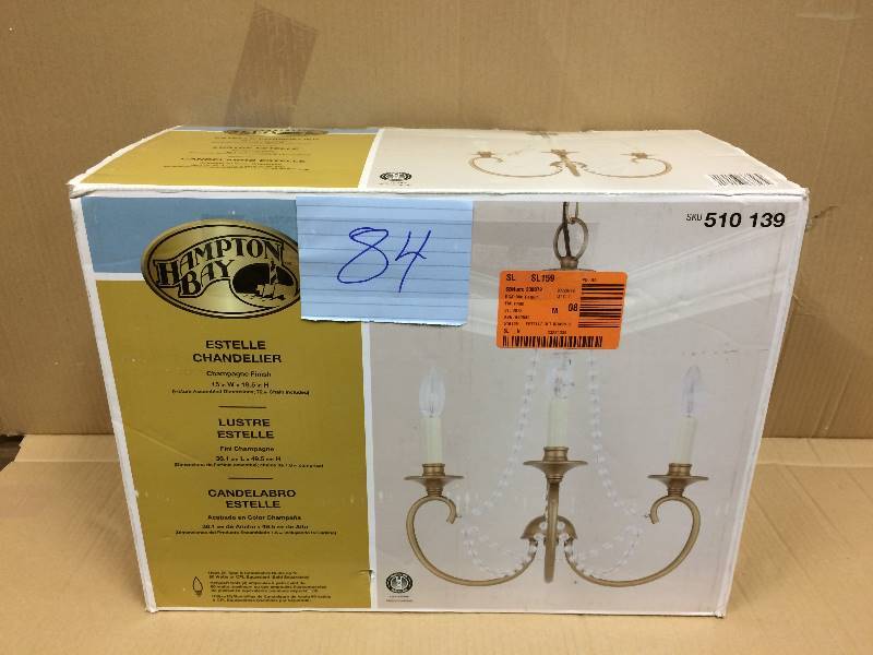 lot 84 image: Hampton Bay Estelle 3-Light 99 in. Hanging Chandelier never used