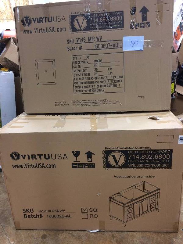 lot 140 image: Virtu USA ES-40048-CAB-WH Tiffany 48-in Bathroom Vanity Cabinet and Mirror , White Never used