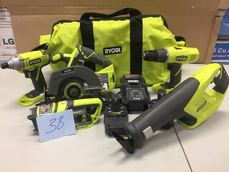 lot 38 image: RYOBI 18-Volt Lithium-Ion Cordless Super Combo Kit (5-Piece Power Tools) Never used