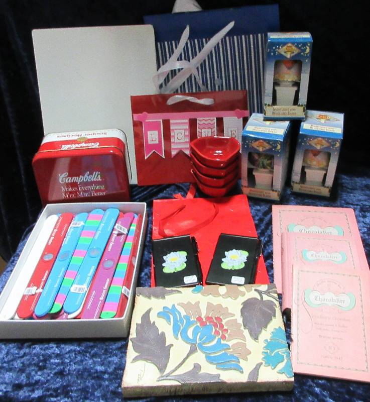 LOT OF NEW NIGHT LIGHTS, HEART DISHES, CAMPBELLS TIN AND MISC