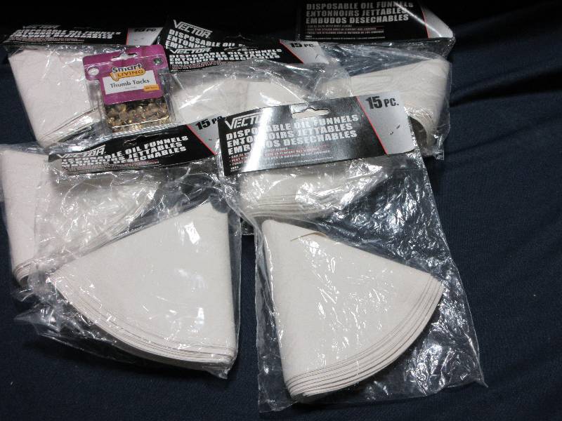 NEW LOT OF 7 PACKS OF 15 OIL FILTERS- ONE BOX OF THUMB TACKS