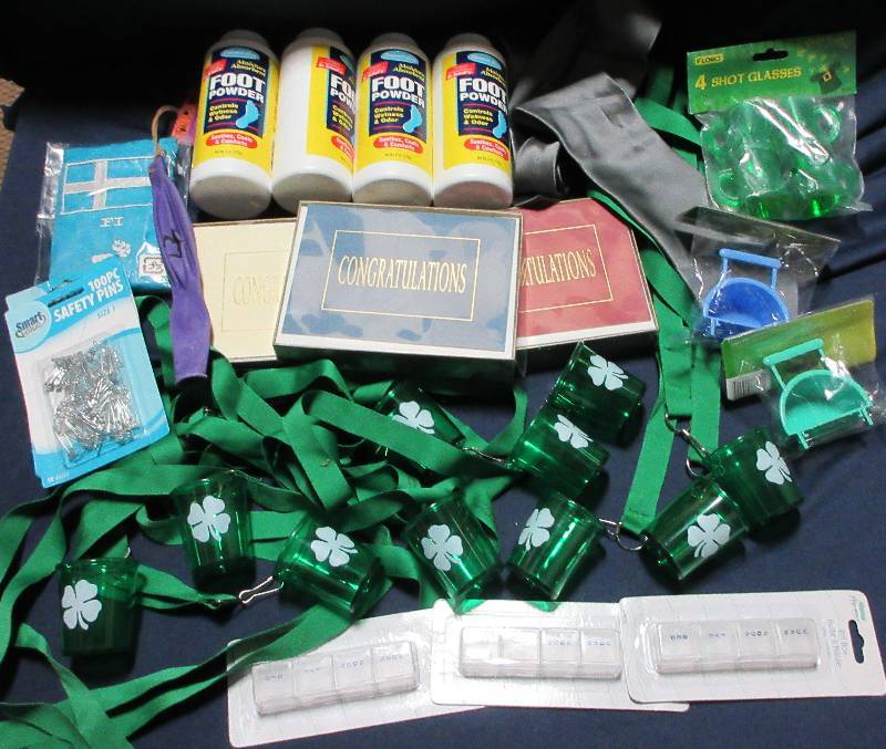 NEW LOT ST PATRICKS DAY LANYARDS WITH CUP- 3 BOXES  OF CARDS,FOOT POWDER-MISC