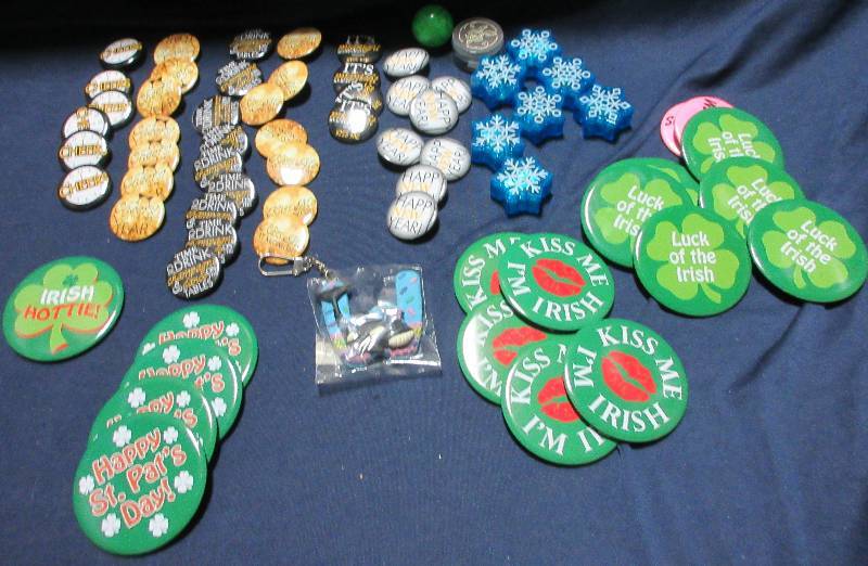 NEW LARGE LOT OF PIN- ST PATRICKS DAY, PENCIL SHARPENERS, NEW YEARS PINS
