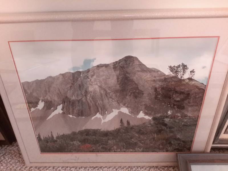 Mountain photograph, Cups on the counter picture, both  226in x 22in Mountain, river forest water color  17in x 13in