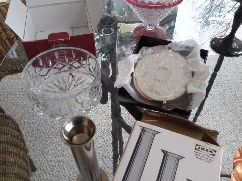 Misc. Silver plate items.  Nice glass candy dish, IKEA Candle Sticks.. Other items as pictured