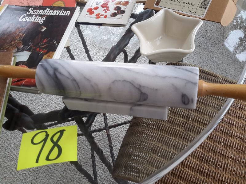 Misc. Cook Books, Marble rolling pin and rest, magnetic refrigerator picture holder