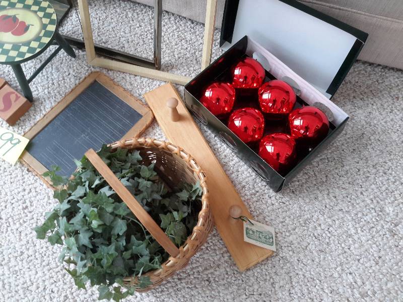 Misc. Decorative items as pictured.. Christmas New Years Blocks.. Flip over for one or the other.. VERY OLD folding Chalk BoardBook.