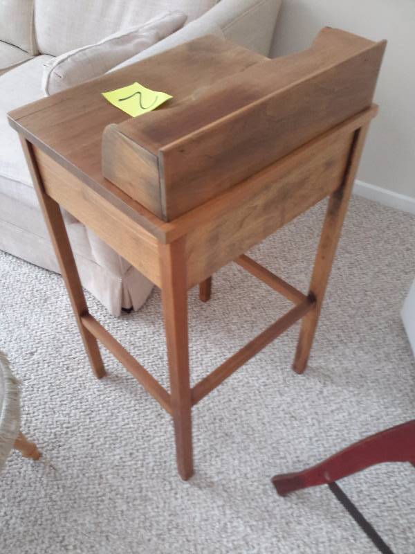Antique Entry way or phone table.  18in x 16in x 34 h.. Has swing arm possibly for an ink well.  Not sure of the reason for that.