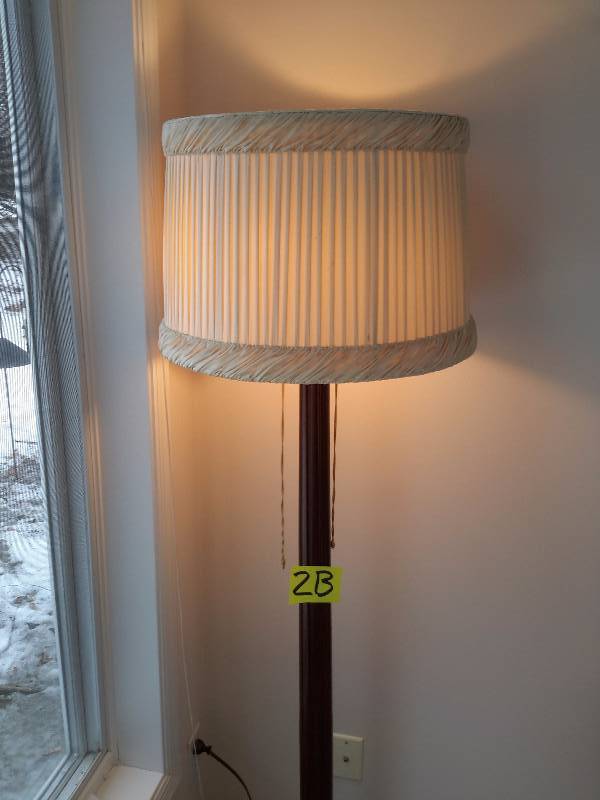Very Old Wood Floor lamp.. Nice shade.. Tested and works.  63in h.