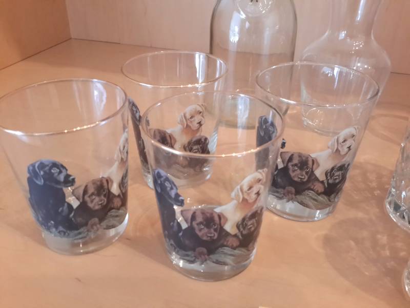 4 Dog Theme low balls, 4 cut glass mugs.. 1, milk bottle.. Other glass as shown