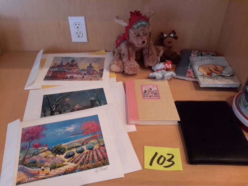 Lot of Decorative cans, 3 unframed pictures, small stuffed animals