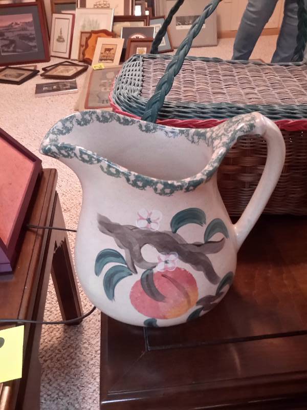 Woven basket, very nice pitcher and triangular light.